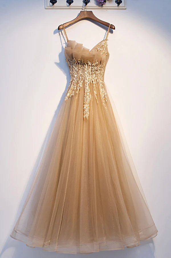 Wholesale Yellow Spaghetti Straps Lace Long Prom Dress A-Line Evening Party Dress